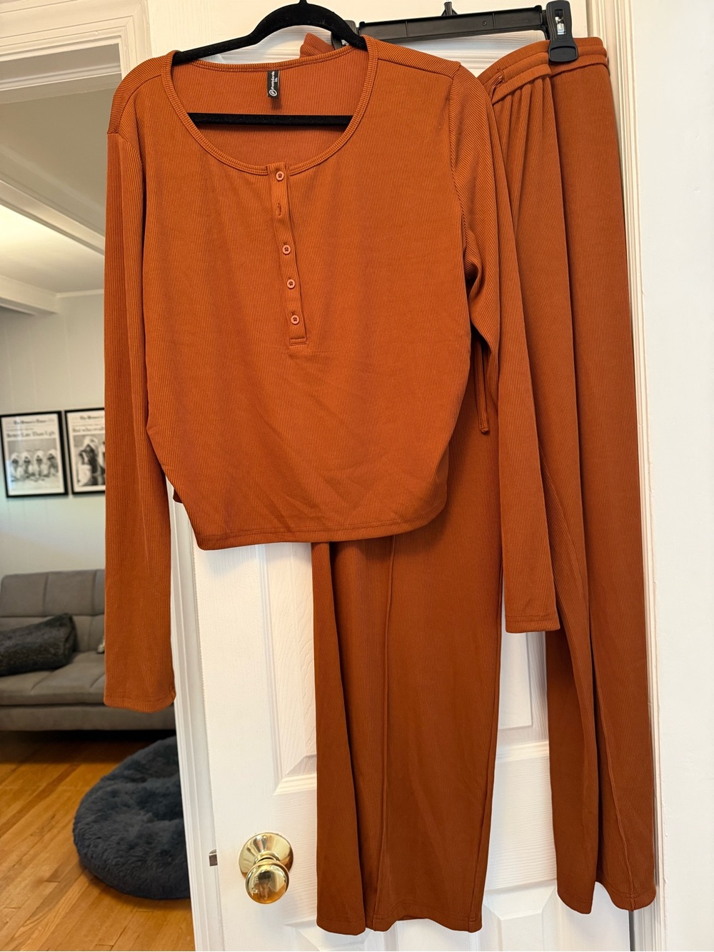Women's Long-Sleeve Henley Lounge Set — Rust